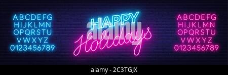 Signe de néon des fêtes heureux. Carte de vœux sur fond sombre. Illustration de Vecteur