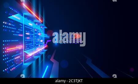 Centre de données ou stockage numérique. Rack de serveurs avec voyants lumineux. Résumé de l'expérience technologique du cloud computing, de la technologie réseau. Flux de données Illustration de Vecteur