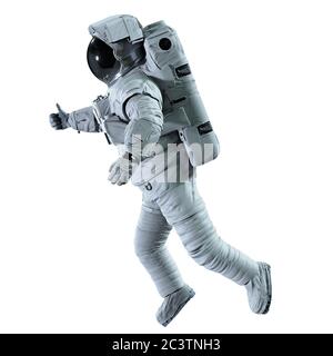 astronaute qui se fait des pouces pendant la promenade spatiale, isolé sur fond blanc Banque D'Images