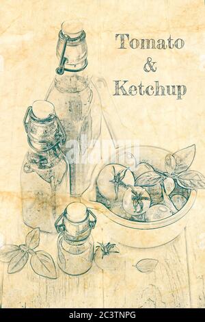 Ketchup et tomates, croquis sur papier ancien Banque D'Images