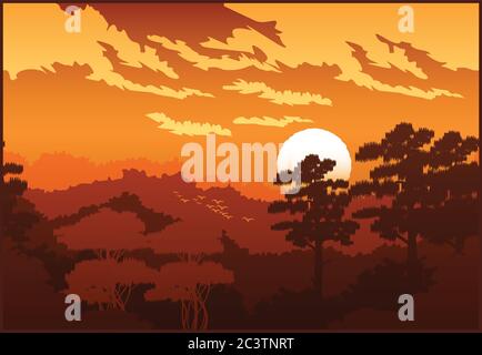 Illustration vectorielle stylisée sur le thème d'une belle forêt au coucher du soleil. Sans couture horizontale si nécessaire Illustration de Vecteur