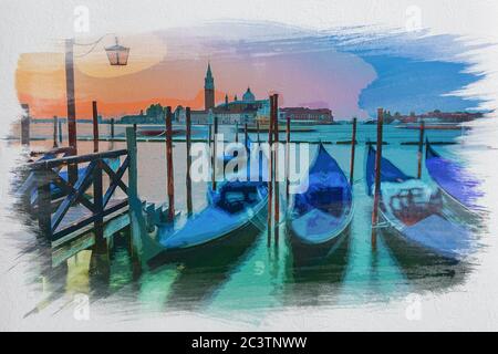 Gondoles balançantes à Venise au lever du soleil, peinture aquarelle Banque D'Images