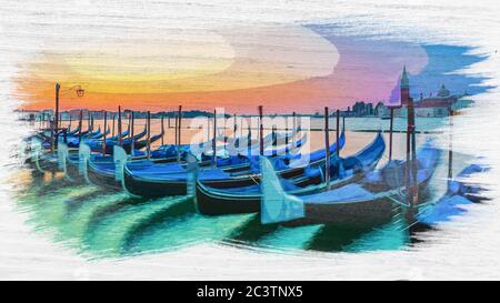 Aquarelle des gondoles battantes à Venise, Italie Banque D'Images