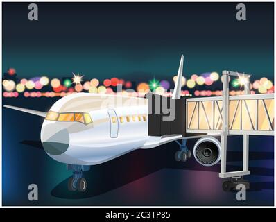 Illustration vectorielle stylisée d'un avion avec une passerelle télescopique dans l'aéroport la nuit Illustration de Vecteur