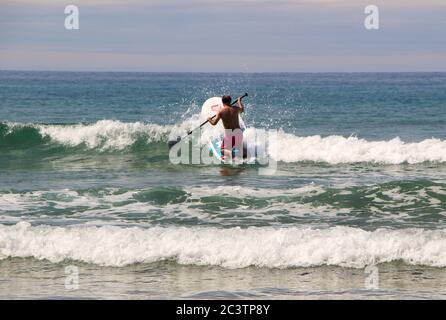 Semelle debout paddle boarder s'agenouiller tout en pagayant contre les vagues pour aller en mer Banque D'Images