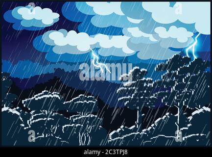 Illustration vectorielle stylisée d'un paysage nocturne d'une forêt. Orage foudre et pluie. Illustration de Vecteur