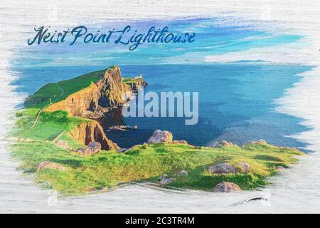 Aquarelle du phare de Neist point à l'île de Skye, en Écosse Banque D'Images