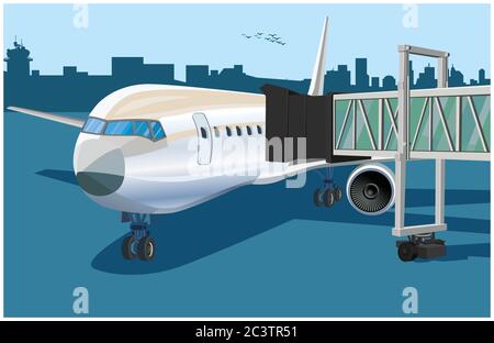 Illustration vectorielle stylisée d'un avion avec une passerelle télescopique dans l'aéroport Illustration de Vecteur