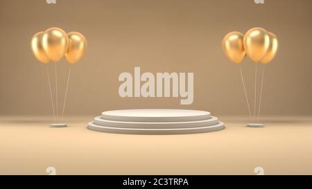 Rendu 3D d'un podium blanc et de ballons dorés flottant sur un fond pastel pour la scène de présentation du produit Banque D'Images