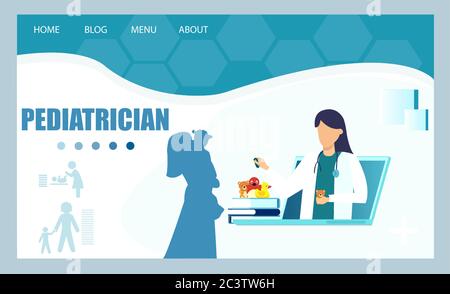 Concept de médecin en ligne. Vecteur d'un médecin d'enfant, pédiatre donnant des recommandations à une mère avec un enfant Illustration de Vecteur