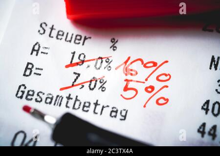 Taux de TVA sur un reçu en espèces, Symbolfoto pour la réduction de la taxe sur la valeur ajoutée pour stimuler l'économie, Durchgestrichene Mehrwertsteuersätze a Banque D'Images