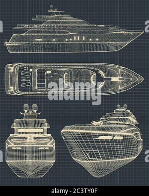 Fragment de dessins stylisés d'un yacht moderne de style rétro Illustration de Vecteur