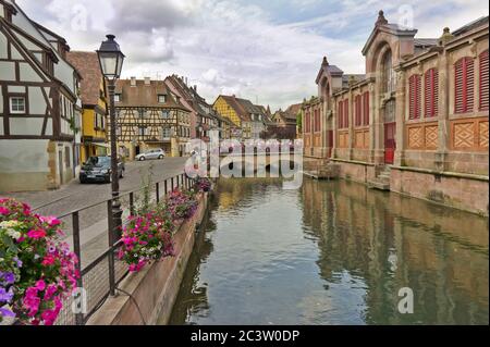 Colmar, vue sur la vieille ville du canal, pots de fleurs, France Banque D'Images