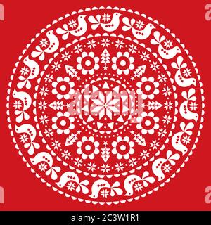 Noël scandinave folk vector design mandala - hiver ronde festive motif, mignon décoration florale avec oiseaux et flocons de neige en blanc sur le dos rouge Illustration de Vecteur