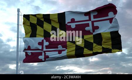 Drapeau du Maryland qui agite dans le vent contre de profonds nuages ciel. rendu 3d Banque D'Images