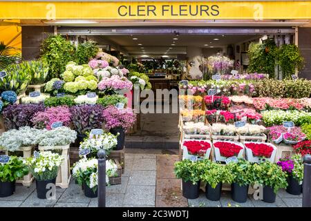 Fleurs exposées au Cler fleurs le long de la rue Cler dans le 7ème arrondissement, Paris, France Banque D'Images