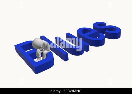 Personnage anonyme assis sur un mot blues dépression désespoir démence concept Banque D'Images