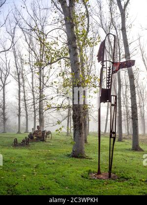 Le matin, il y a des sculptures métalliques brumeuses, homme en véhicule et homme debout parmi une bosquet de peupliers. Banque D'Images