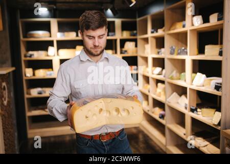 Hansome homme tient une grande tranche de fromage maasdam à la main. Fromage avec de grands trous. Arrière-plan des étagères avec fromage Banque D'Images