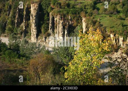 Côté de falaise érodé dans le canyon de Valea Putnei, comté de Vrancea, Roumanie. Banque D'Images