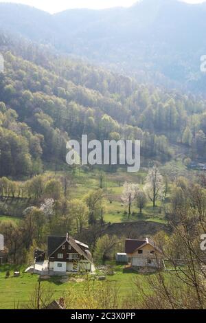 Paysage de printemps dans le comté de Vrancea, Roumanie. Nouveaux logements touristiques sur la vallée de la rivière Putna à Lepsa. Banque D'Images