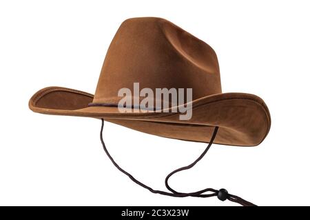 Rodeo Horse Rider, culture sauvage de l'Ouest, Americana et le thème de la musique country américaine avec un chapeau de cowboy en cuir marron avec des cordes suspendues isolées Banque D'Images