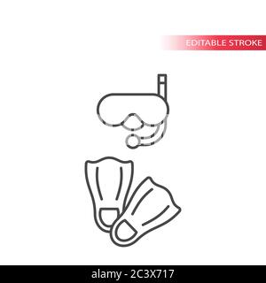 Icône de vecteur en ligne mince de snorkeling et de flippers. Contour de l'équipement de plongée, icônes de contour modifiables Illustration de Vecteur