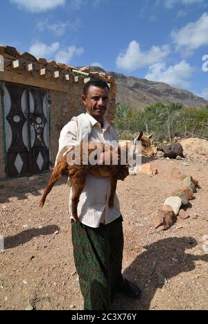 Socotra, Yémen - 10 mars 2010 : paysan socotrien non identifié avec une chèvre dans ses mains, montré en plein air Banque D'Images