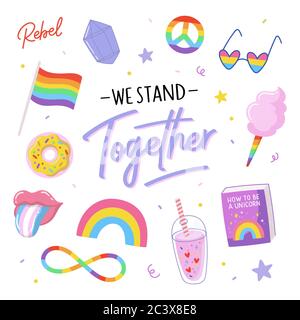 Imprimé LGBTQ avec symboles d'égalité et jolie typographie. Illustrations vectorielles dessinées à la main et lettrage. Illustration de Vecteur