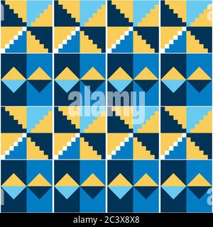 Ghana Africain tribal Kente tissu style vectoriel sans couture motif textile, géométrique nwentoma design bleu et jaune Illustration de Vecteur