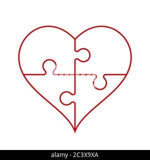 Contour rouge en forme de puzzle sur fond blanc. Quatre pièces de scie sauteuse. Cœur sain, cardiologie. Ensemble, plein cœur, unité. Illustration de Vecteur
