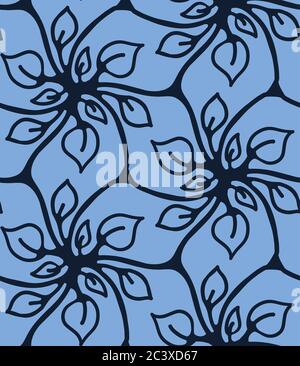 Motif sans couture motif fleur bleu indigo style japonais. Tissus damassés fleuris et dessinés à la main. Imprimé monochrome tendance. Illustration de Vecteur