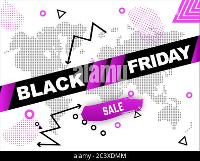Bannière de solde Fritfay noire. Inscription sur le ruban danger avec carte schématique du monde Illustration de Vecteur
