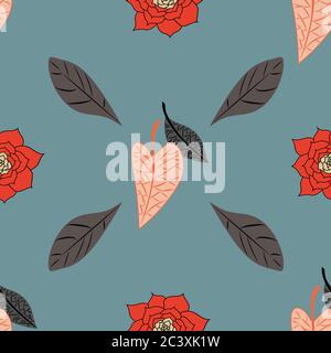 Motif de fleurs et de feuilles bleu et rouge Illustration de Vecteur