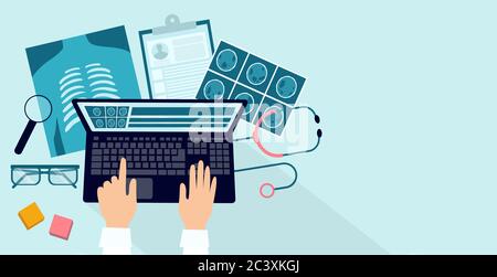 Médecin travaillant avec un ordinateur portable et des documents patient, vue de dessus Illustration de Vecteur