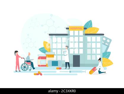 Illustration vectorielle de l'extérieur de l'hôpital moderne avec médecins, infirmières et patients handicapés Illustration de Vecteur