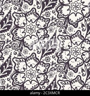 Motif de Noël à fleurs en poinsettia dessiné à la main. Fond floral de fête stylisé. Imprimé vacances monochrome d'hiver. Noël noir Illustration de Vecteur