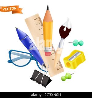 Bienvenue à l'école - ensemble d'objets avec crayon, règle, stylo, taille-crayon, punaise, trombone, lunettes, pinceau. Illustration vectorielle réaliste Illustration de Vecteur