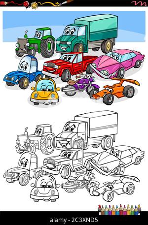 Dessin animé Illustration de voitures et de véhicules de transport personnages Groupe coloriage page livre Illustration de Vecteur