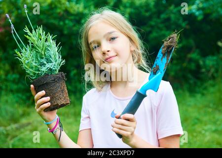 Enfant fille tenant une plantule de lavande prête à être plantée dans le sol. Un petit jardinier attend avec impatience de planter une fleur. Lavandula Banque D'Images