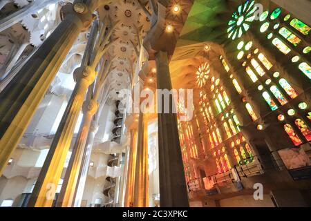 Barcelone, Espagne - 9 septembre 2014 : photo intérieure de l'église de la Sagrada Familia, Barcelone. La pierre de fondation de l'église a été posée le 19 mars Banque D'Images