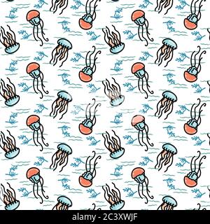 Joli dessin animé jellyfish sans couture motif vectoriel. Carreaux de vie de l'océan dessinés à la main. Imprimé pour blog sur la mer, graphique nautique, transparent Illustration de Vecteur