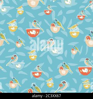 Cuisine vintage sans couture motif oiseau et bol, oiseaux et bol mignons, design tendance sur fond bleu texturé. Rétro vintage. Motif vectoriel transparent. Pour le tissu, le papier peint, le papier cadeau ou le motif carte postale Illustration de Vecteur