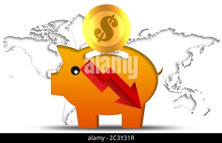 Concept de récession avec flèche rouge et banque de porc. rendu 3d Banque D'Images