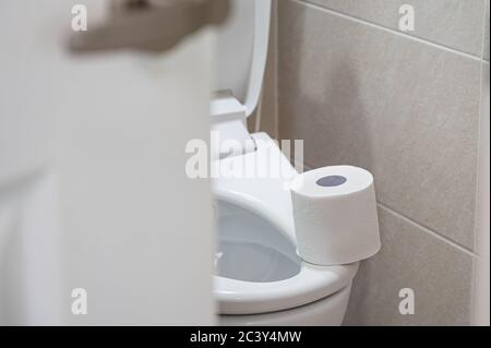 Rouleau de papier toilette blanc dans une salle de bains carrelée. Banque D'Images