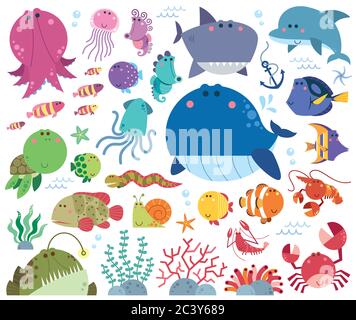 Cute Underwater Sea Creatures – illustration de la vie marine de dessin animé Illustration de Vecteur