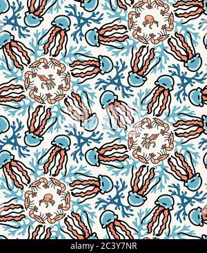 Joli dessin animé Ocean Life sans couture à motif vectoriel. Carreaux de crustacés et de crustacés dessinés à la main. Imprimé pour blogue à thème, graphique nautique, poulpe Illustration de Vecteur