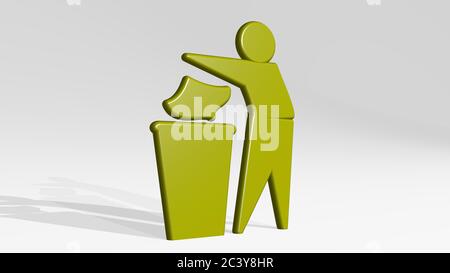 Conteneur de conception : HOMME QUI SE TROUVE DANS LE BAC sur le mur. Illustration 3D de la sculpture métallique sur fond blanc avec texture douce. Propre et concept Banque D'Images