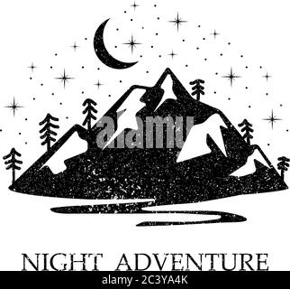 Aventure nocturne dans les montagnes, dessins du logo de la montagne de beauté, illustration vectorielle du logo rustique Illustration de Vecteur