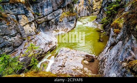 Les eaux agitées du canyon Maligne qui traversent le canyon Maligne profond dans le parc national Jasper, Alberta, Canada Banque D'Images